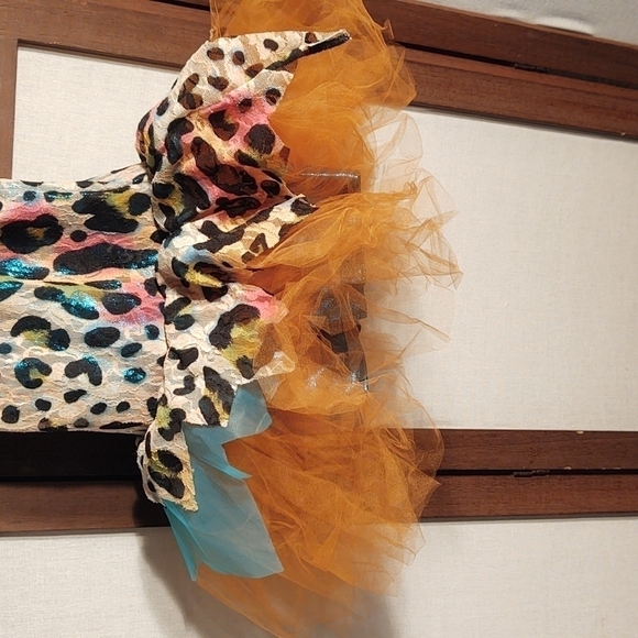 Sparkly Multicolor Leopard Print Tutu with Feather Trim at the Neck - Picture 3 of 5